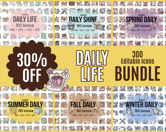 Daily Icons COLOR Mega Bundle – 6 Seasonal & Themed Clipart Sets - Editable Graphics