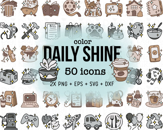 50 Daily Shine Icons Neutral COLORS - EPS, SVG, DXF, PNG Clipart - Instant Download