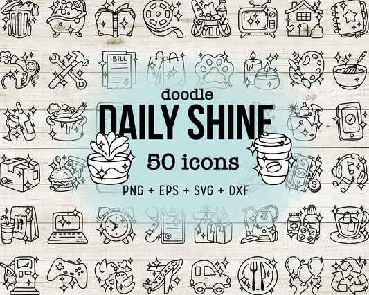 50 Daily Shine Icons DOODLE - EPS, SVG, DXF, PNG Clipart - Instant Download