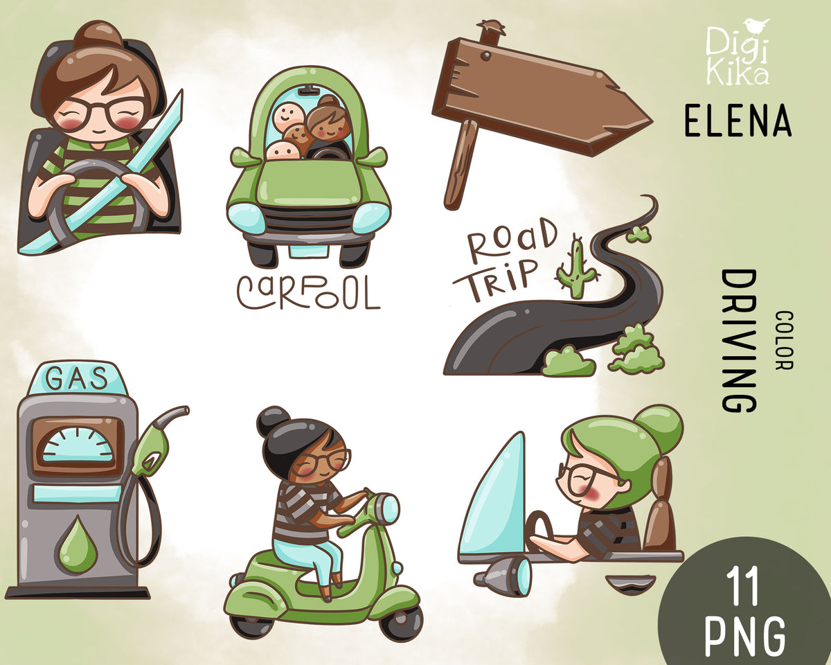 Elena Driving Hand Drawn Color Clipart | 2 Skin Tones | PNG Only