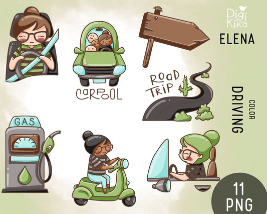 Elena Driving Hand Drawn Color Clipart | 2 Skin Tones | PNG Only