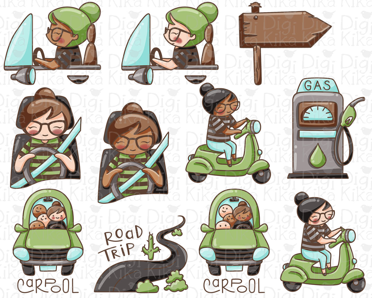 Elena Driving Hand Drawn Color Clipart | 2 Skin Tones | PNG Only