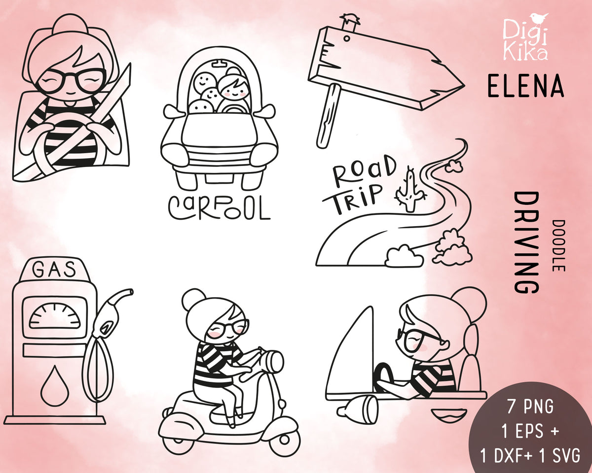 Elena Driving Hand Drawn Outline Clipart | Vector EPS SVG DXF PNG