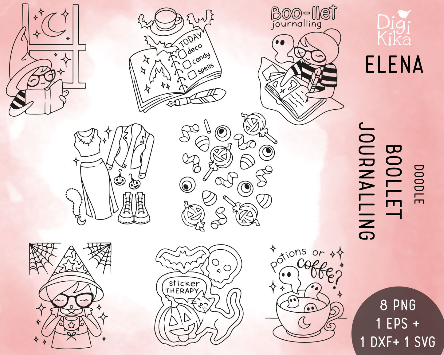 Elena Boo-llet Journalling Halloween – Doodle Clipart Set – EPS, SVG, DXF & PNG