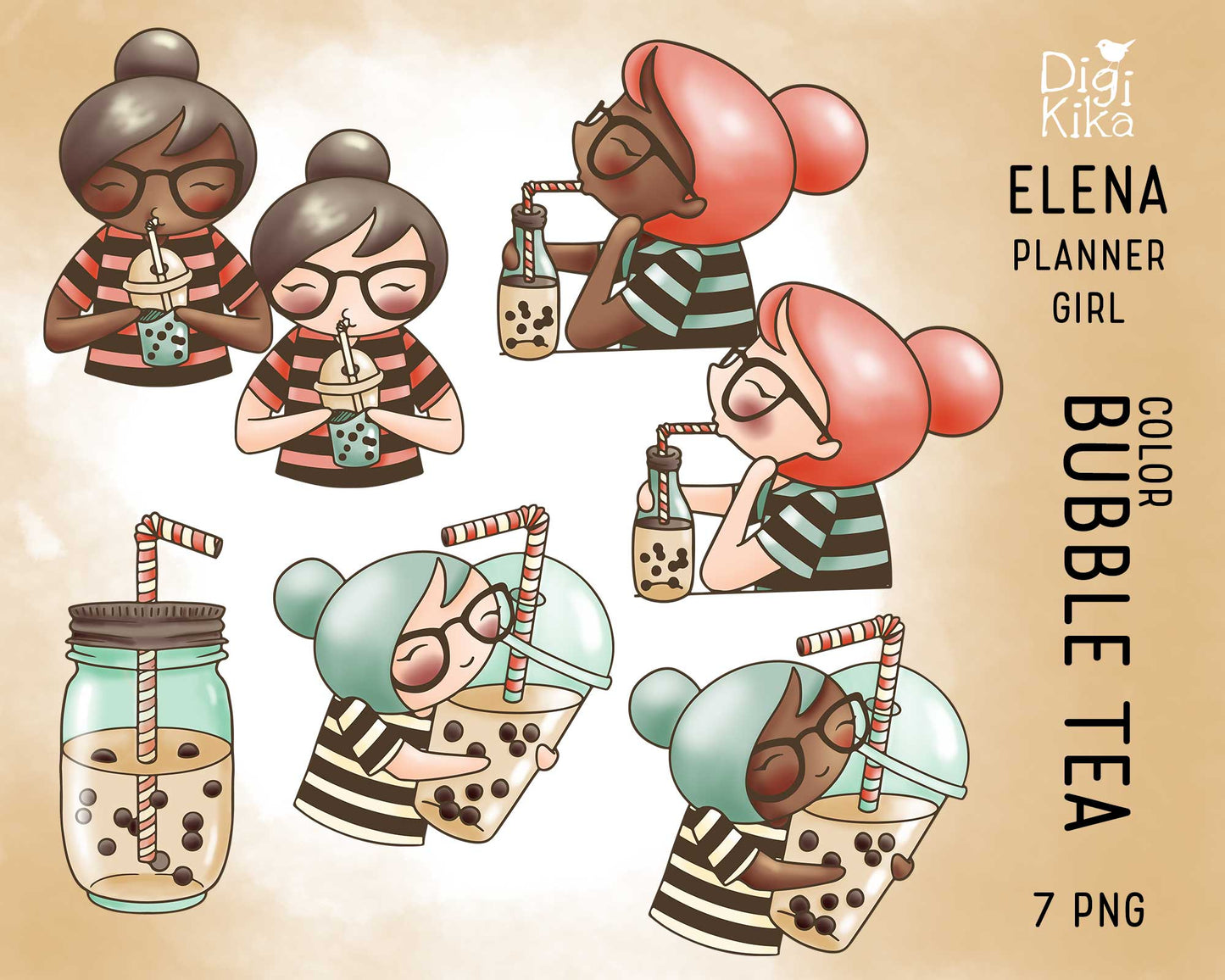 Illustrations of a girl enjoying bubble tea with various drinks and straws on a beige background, featuring the brand 'Digi Kika'.