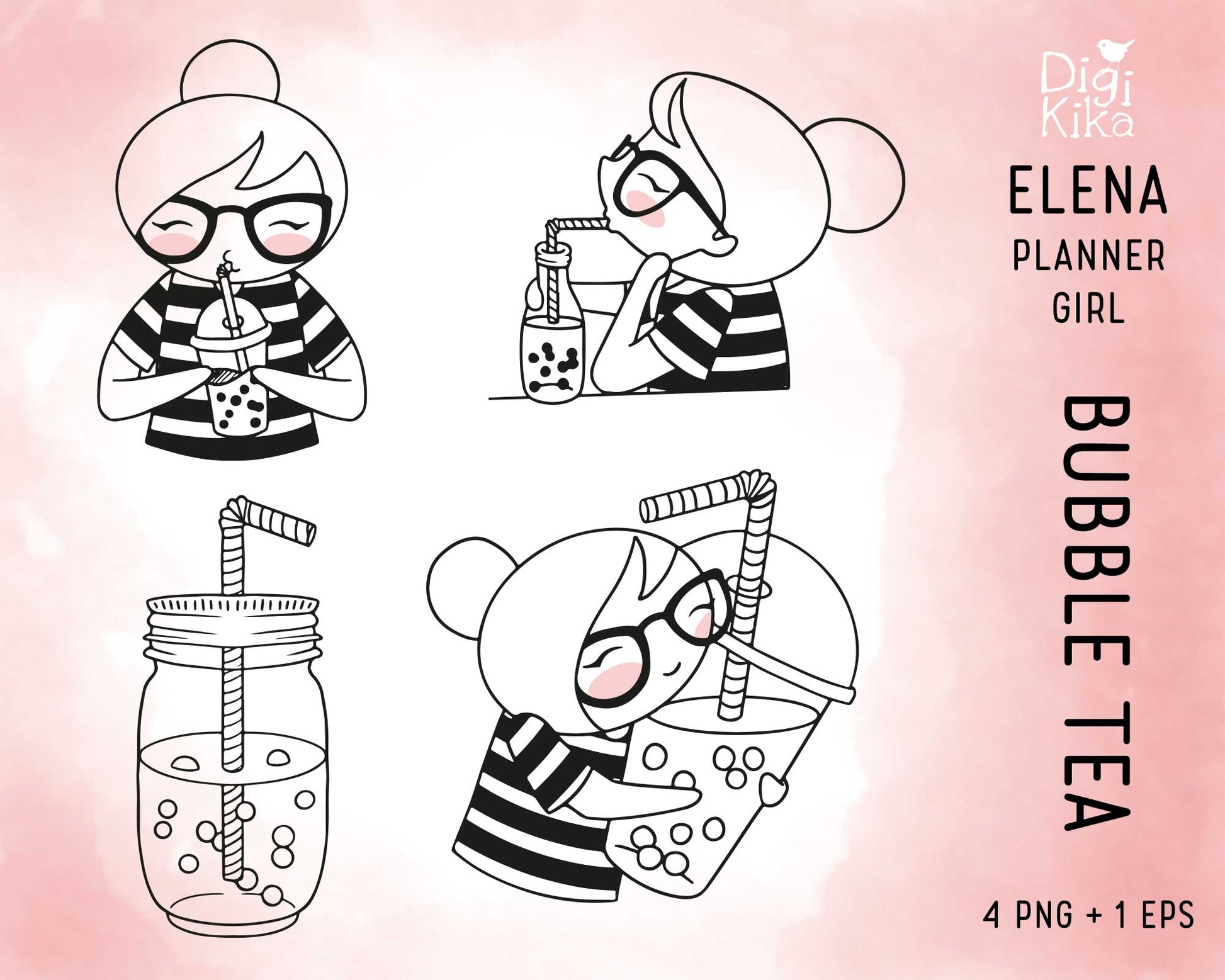 Illustrations of a planner girl enjoying bubble tea with 'Elena' branding on a pink background.