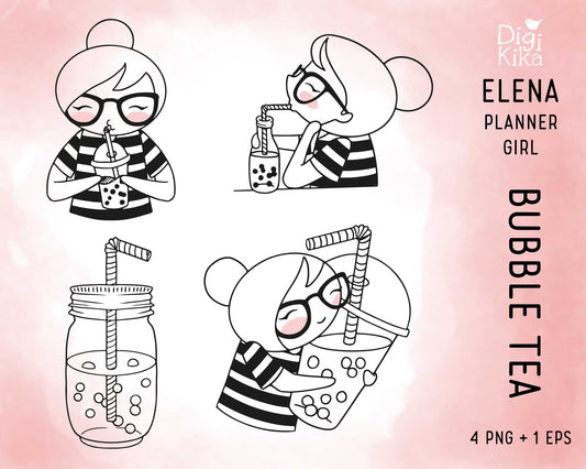 Illustrations of a planner girl enjoying bubble tea with 'Elena' branding on a pink background.
