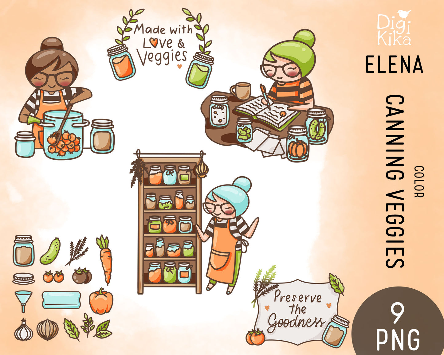 Elena Canning Veggies Color Clipart | 2 Skin Tones Preserving | PNG | Commercial Use | Inclusive