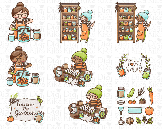 Elena Canning Veggies Color Clipart | 2 Skin Tones Preserving | PNG | Commercial Use | Inclusive