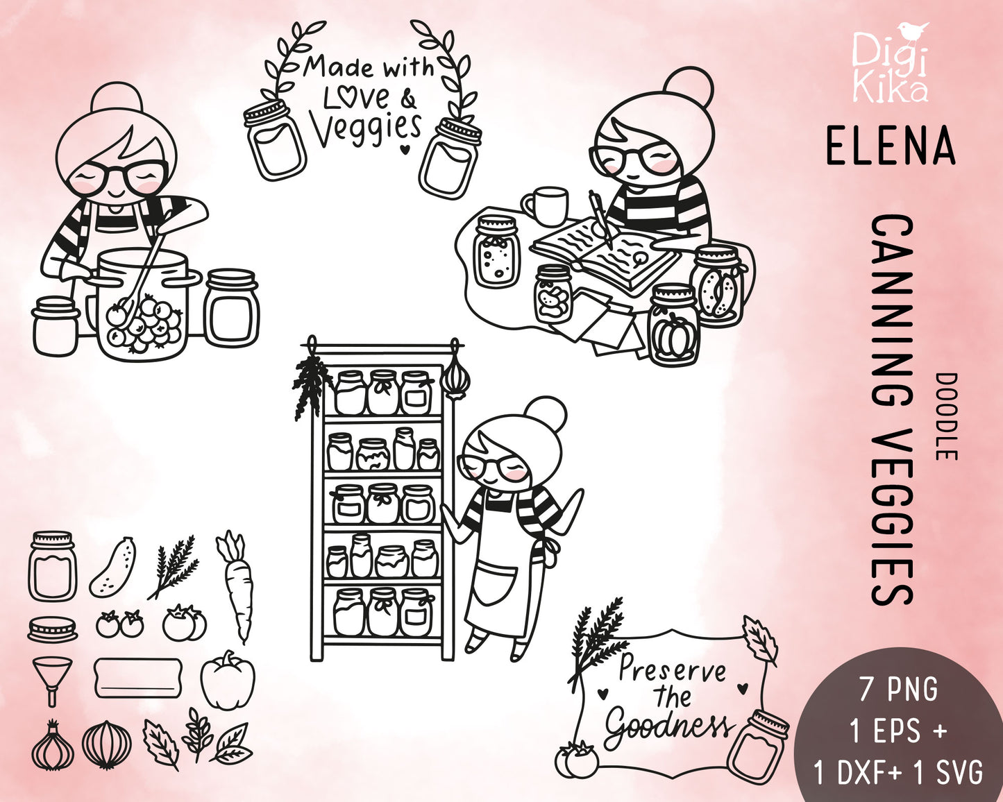 Elena Canning Veggies Outline Clipart | Preserving Graphics | EPS SVG DXF PNG | Commercial Use