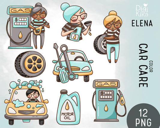 Elena Car Care – COLOR (2 Skin Tones) Clipart Set – PNG Instant Download