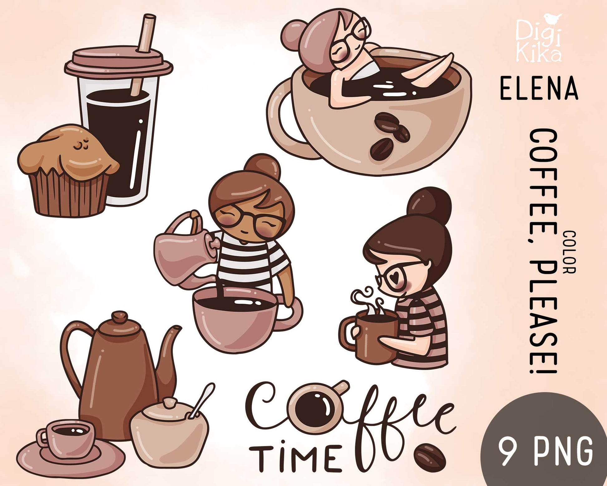 Illustrations of a girl with coffee, including a cup, mug, and teapot, with 'Elena Coffee Please' branding.