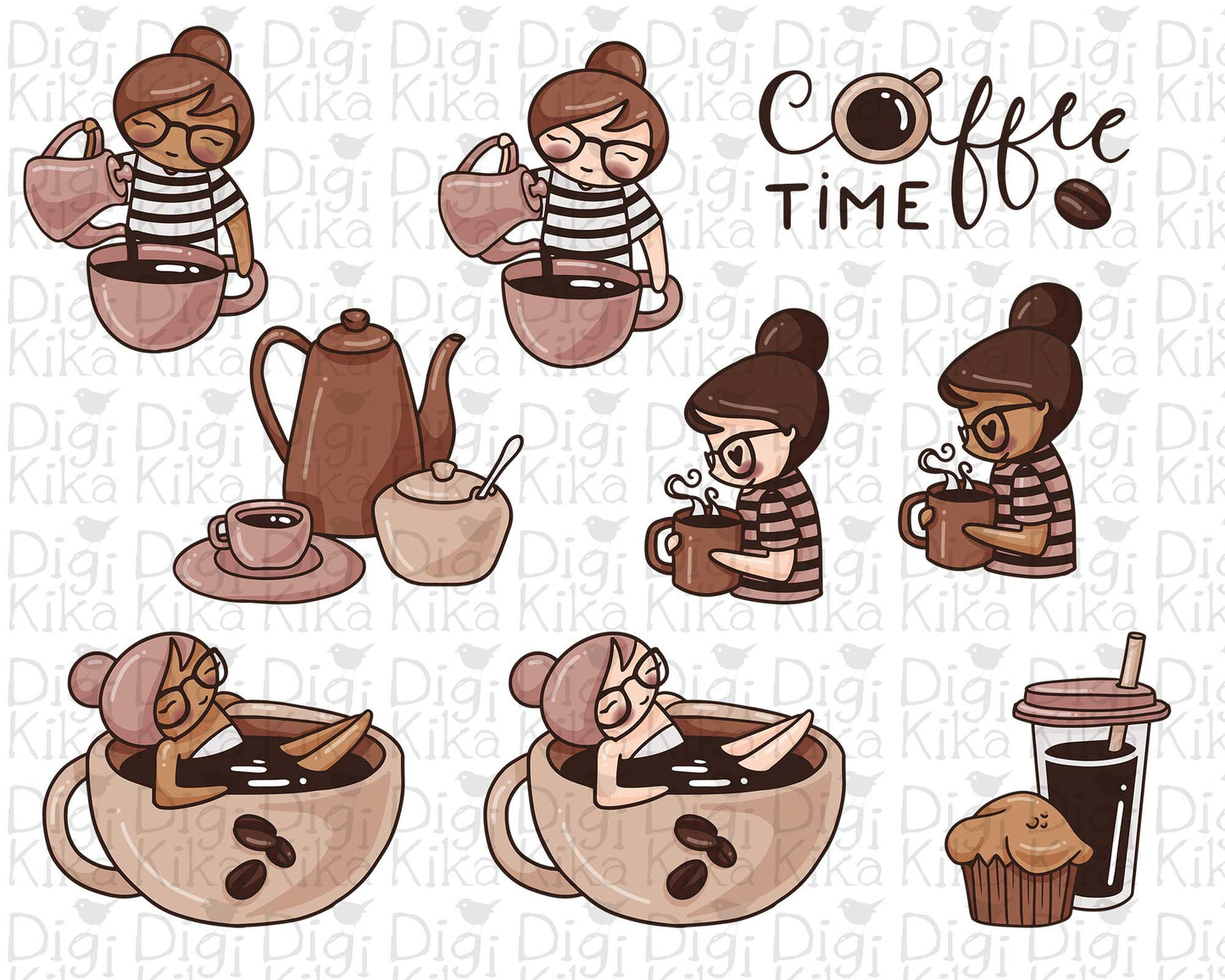 Illustrations of a woman enjoying coffee with various coffee-themed elements on a patterned background.