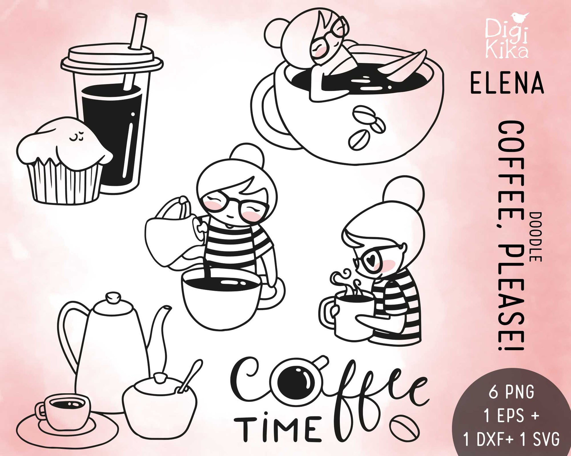 Illustrations of a cartoon character enjoying coffee with various coffee-themed items on a pink background, featuring the brand 'Digi Kika'.