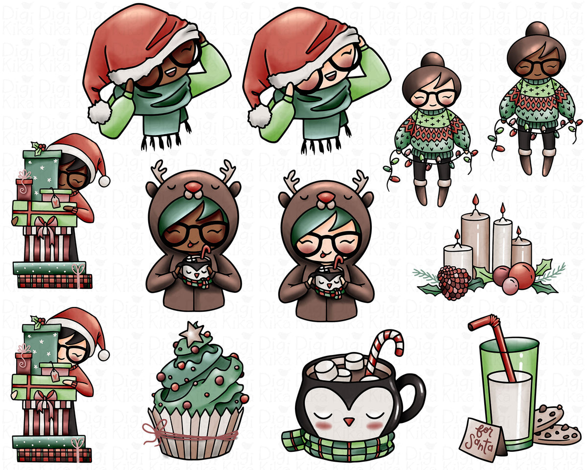 Elena Cozy Christmas Color Clipart | 2 Skin Tones | PNG Only