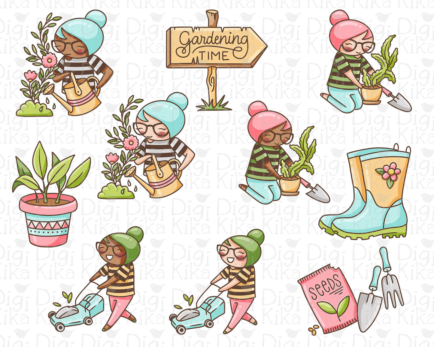 Elena Gardening Color Clipart | 2 Skin Tones Plants | PNG | Commercial Use | Inclusive