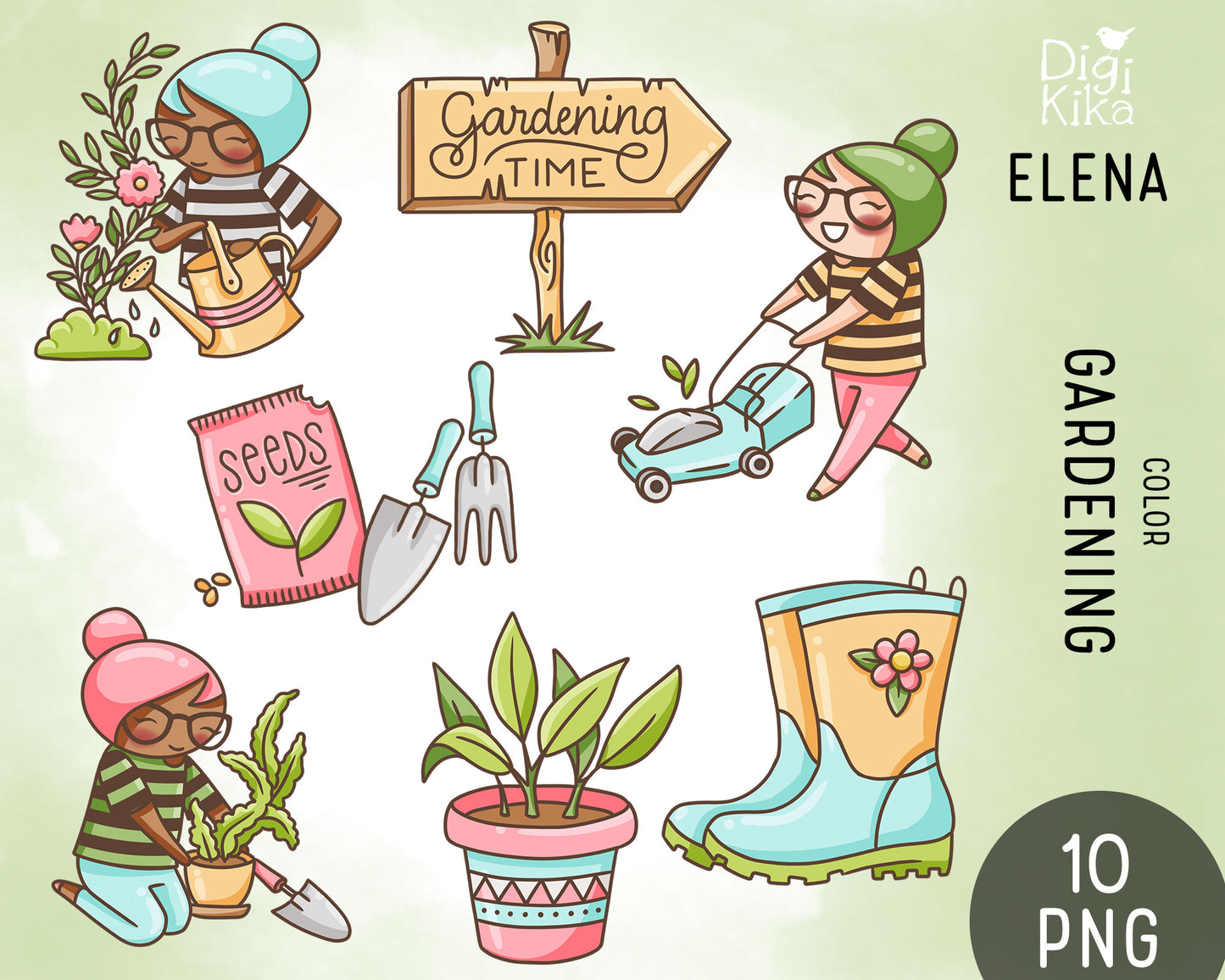 Elena Gardening Color Clipart | 2 Skin Tones Plants | PNG | Commercial Use | Inclusive