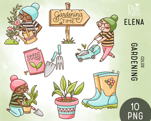 Elena Gardening Color Clipart | 2 Skin Tones Plants | PNG | Commercial Use | Inclusive