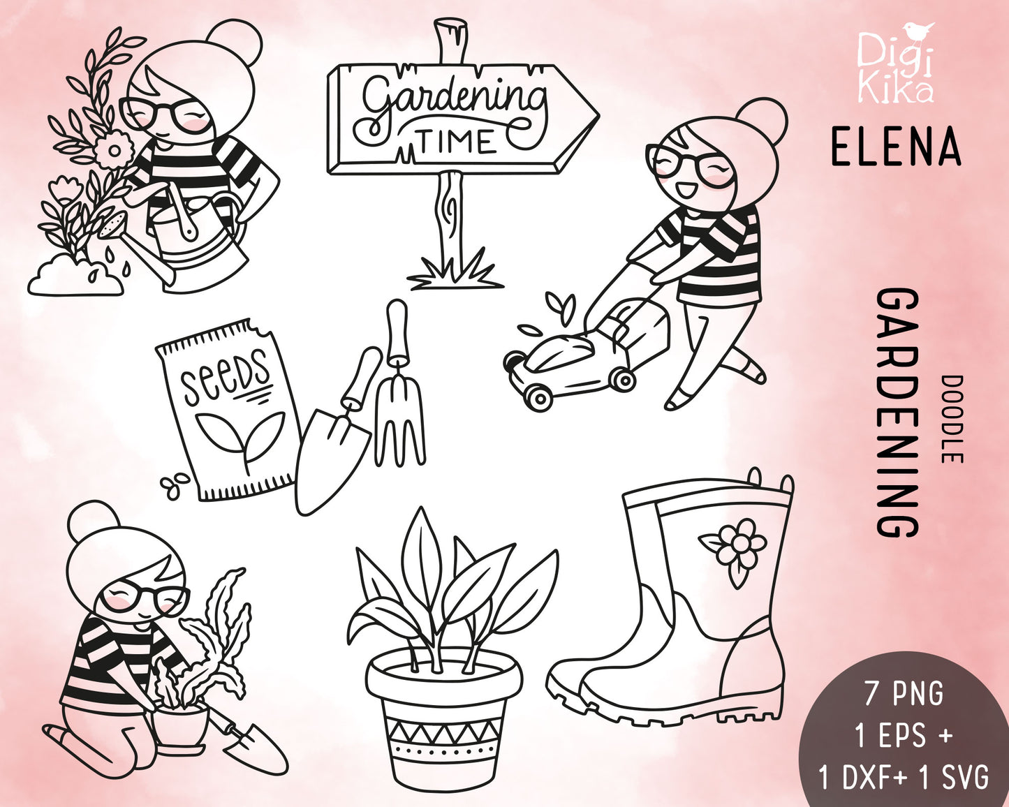 Elena Gardening Outline Clipart | Plant Graphics | EPS SVG DXF PNG | Commercial Use
