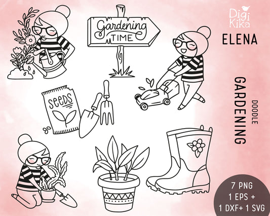 Elena Gardening Outline Clipart | Plant Graphics | EPS SVG DXF PNG | Commercial Use