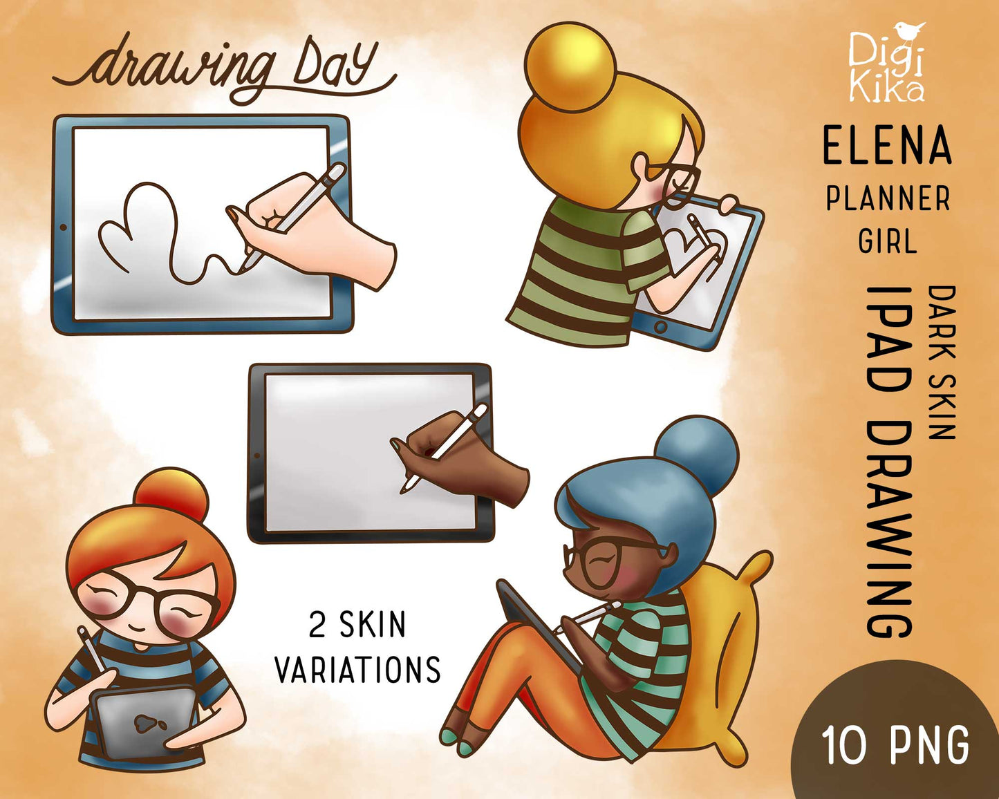 Elena iPad Drawing Color Clipart | 2 Skin Tones | Digital Art Graphics | PNG