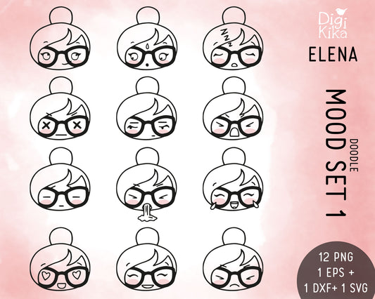Elena Mood / Feelings Doodle Printable Planner Stickers - SET 1 | 12 Faces Outline Emotions | Commercial Use | PNG SVG EPS DXF