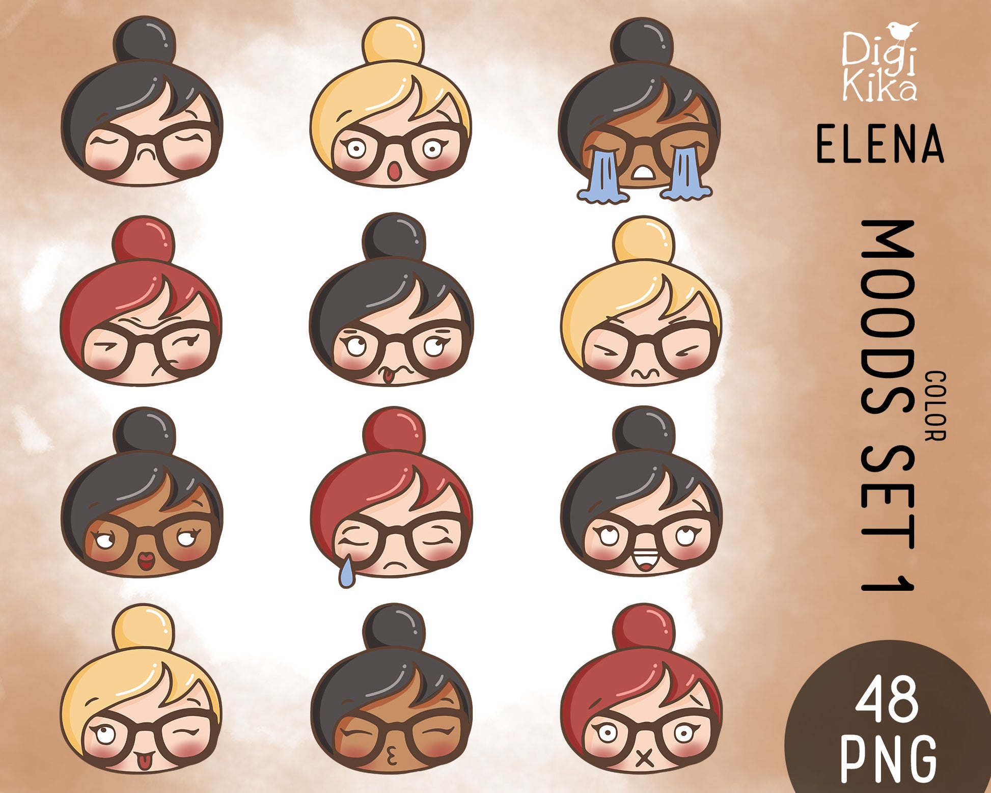Illustrations of a bum hair character with different expressions and skin and hair color variation on a beige background, branded 'Digi Kika'.