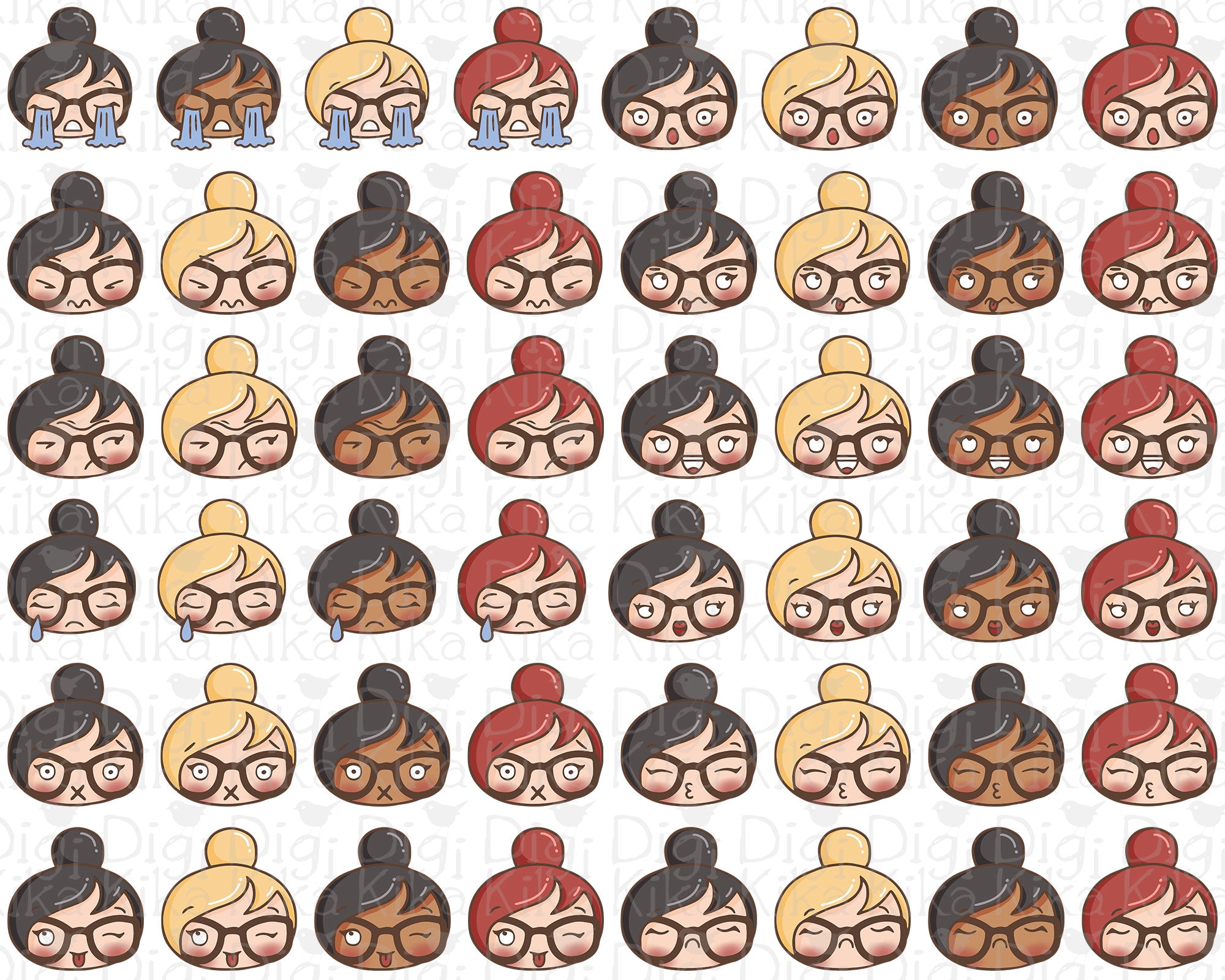 Elena Mood Feelings Color Clipart SET 1 | 12 Faces 4 Skin and Hair Var ...