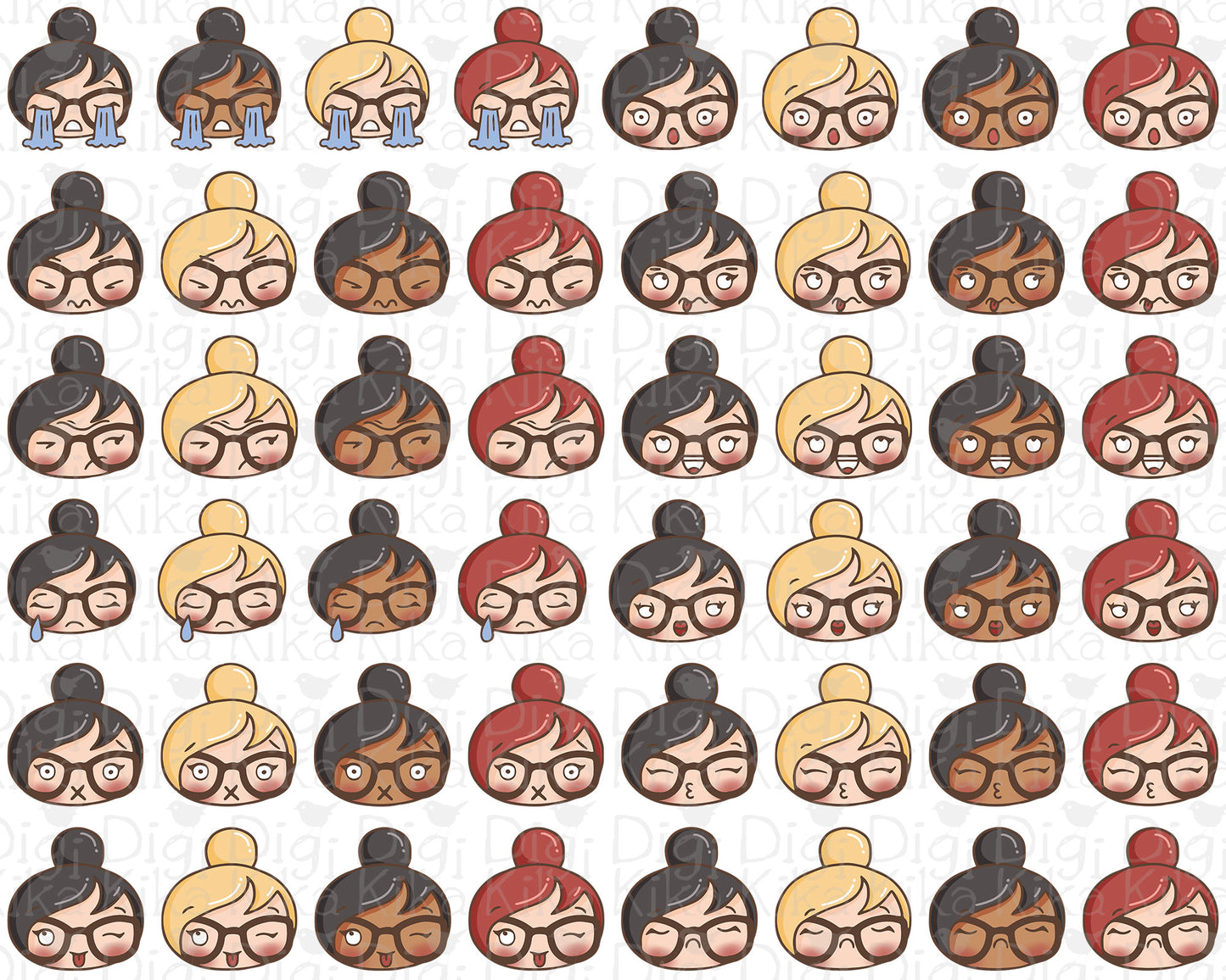 Set of planner girl emoji heads featuring different feelings in 3 skin and hair colors