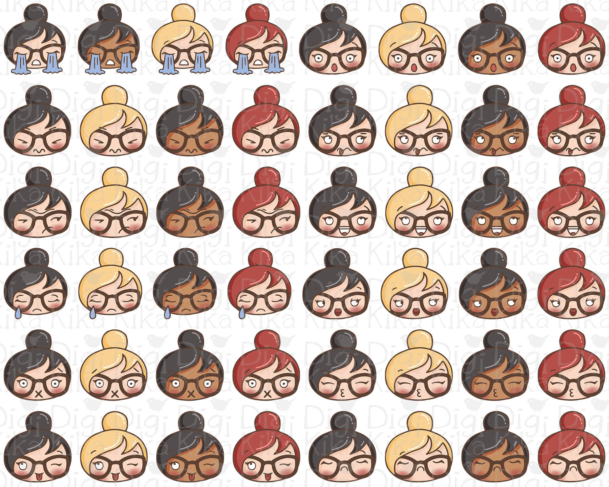 Set of planner girl emoji heads featuring different feelings in 3 skin and hair colors