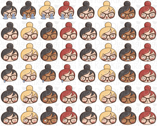 Set of planner girl emoji heads featuring different feelings in 3 skin and hair colors