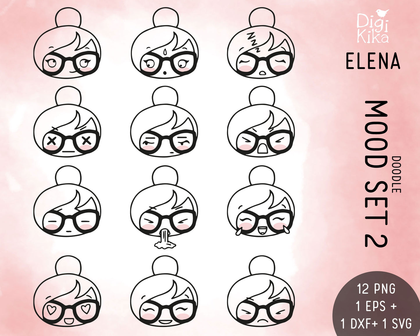 Set of black line art illustrations of a character with various expressions on a pink background, branded 'Digi Kika'.