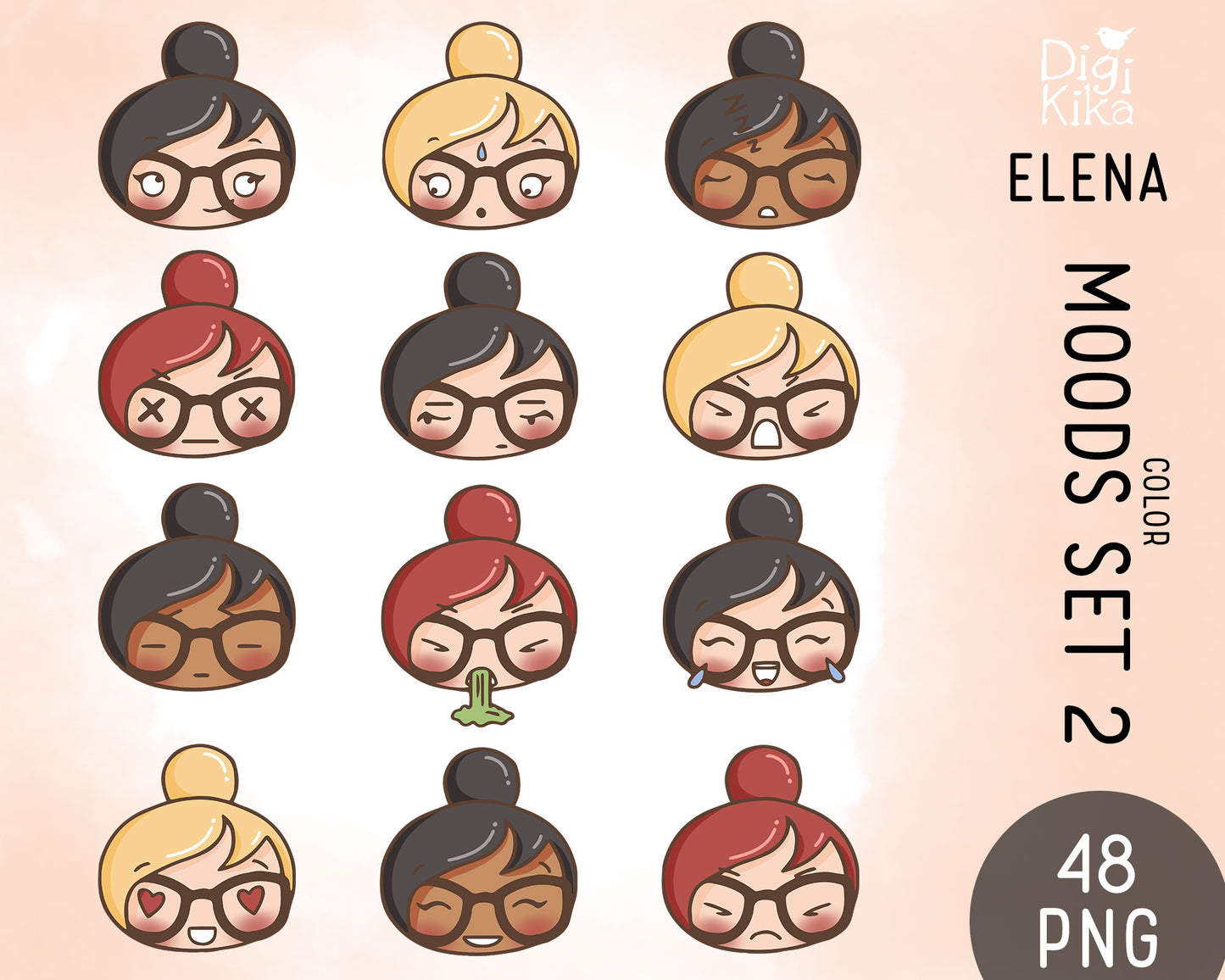 Set of cartoon character moods with different hairstyles and expressions on a light pink background.