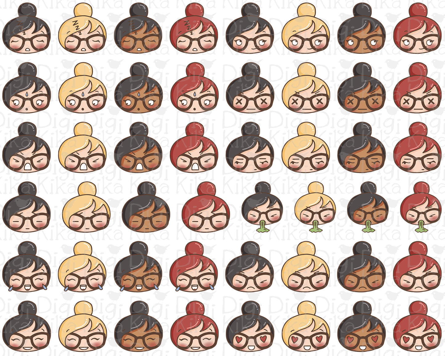 Set of Bum hair girl in inclusive skin tones and hair color and different moods on a white background.