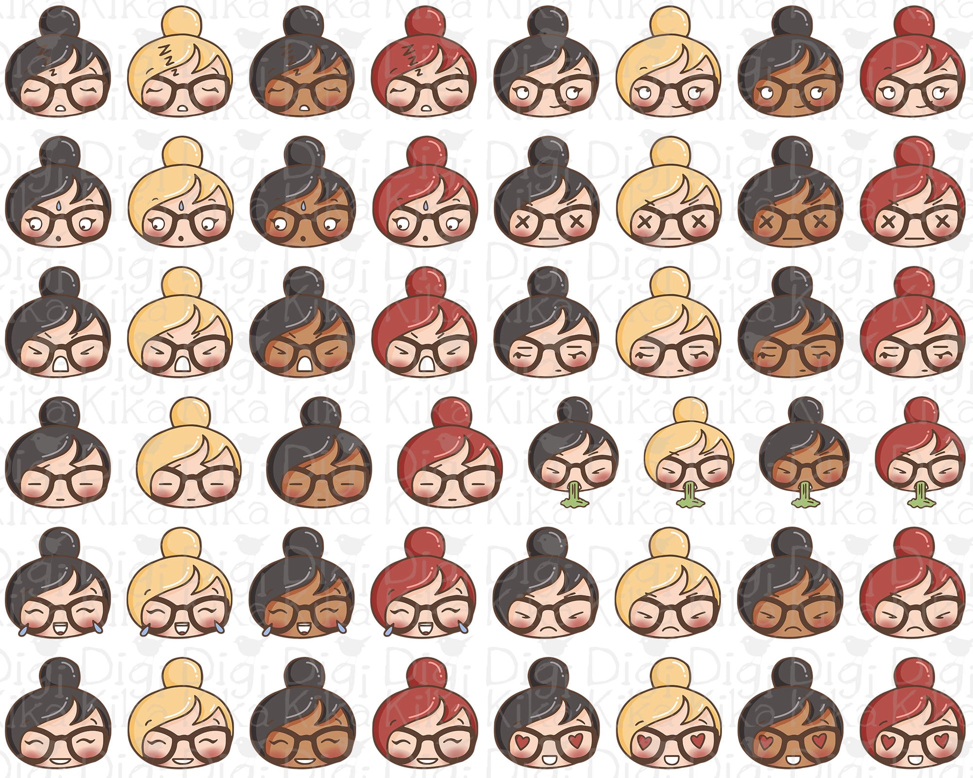 Set of Bum hair girl in inclusive skin tones and hair color and different moods on a white background.