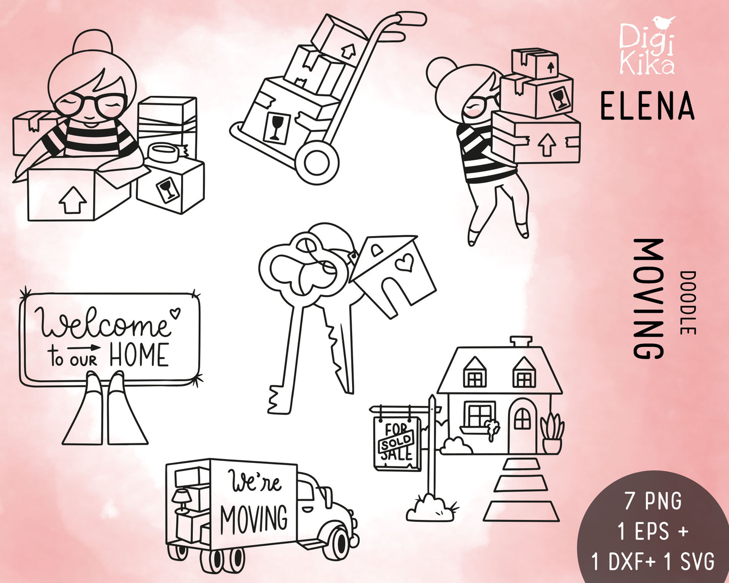 Elena Moving Outline Clipart | Relocation Graphics | EPS SVG DXF PNG | Commercial Use