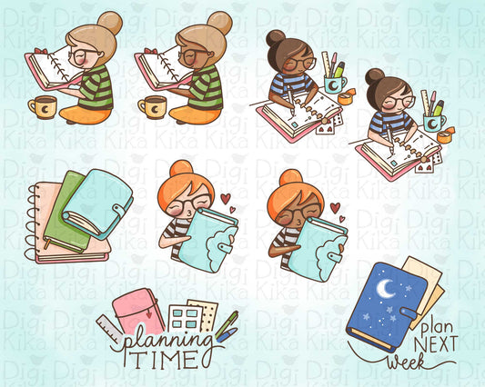 Illustrations of planner girl planning their time with notebooks and coffee cups on a light blue background.