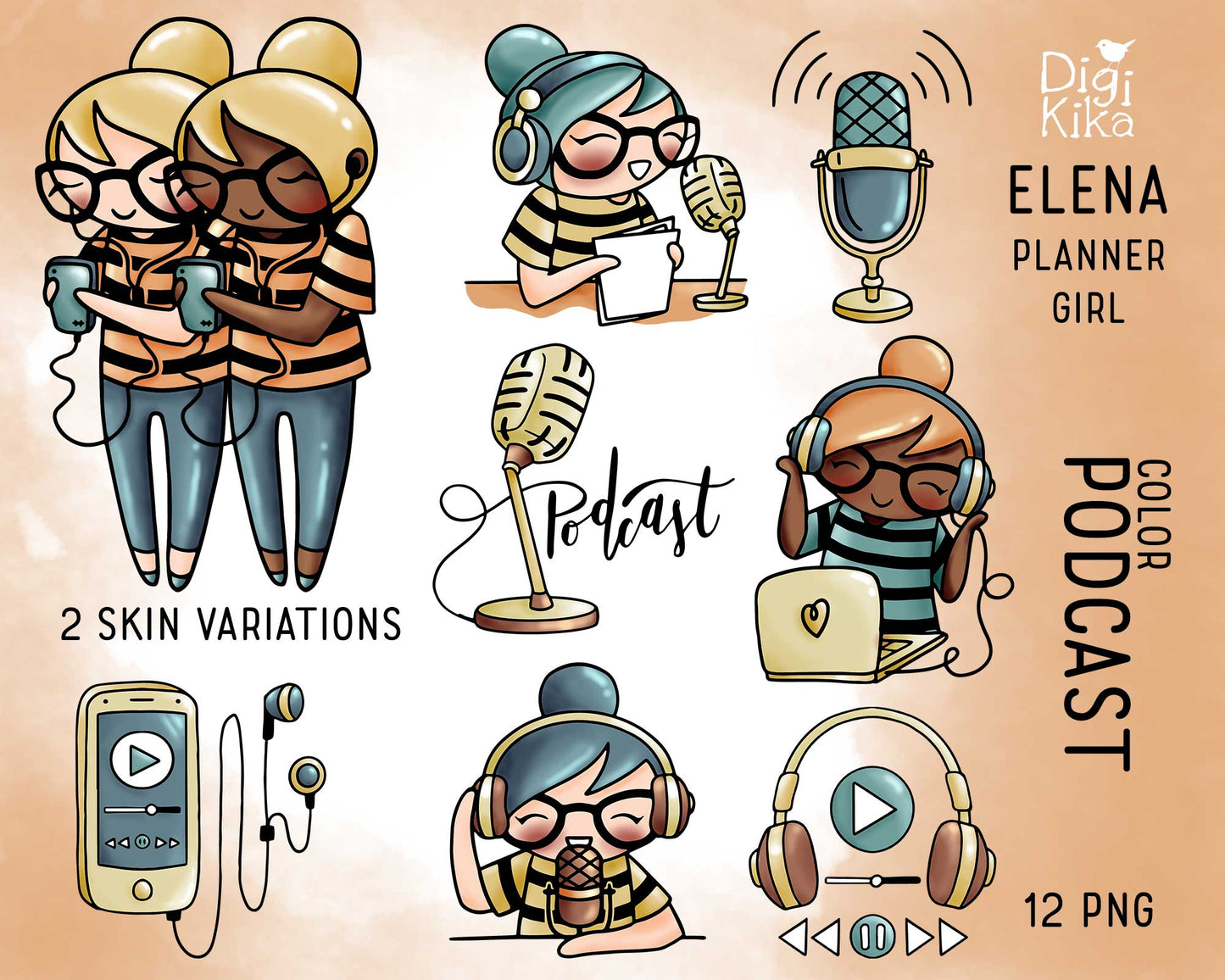 Elena Podcast Color Clipart | 2 Skin Tones Audio Graphics | PNG | Inclusive