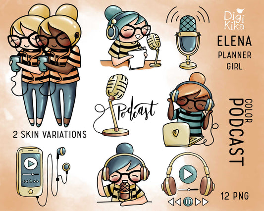 Elena Podcast Color Clipart | 2 Skin Tones Audio Graphics | PNG | Inclusive