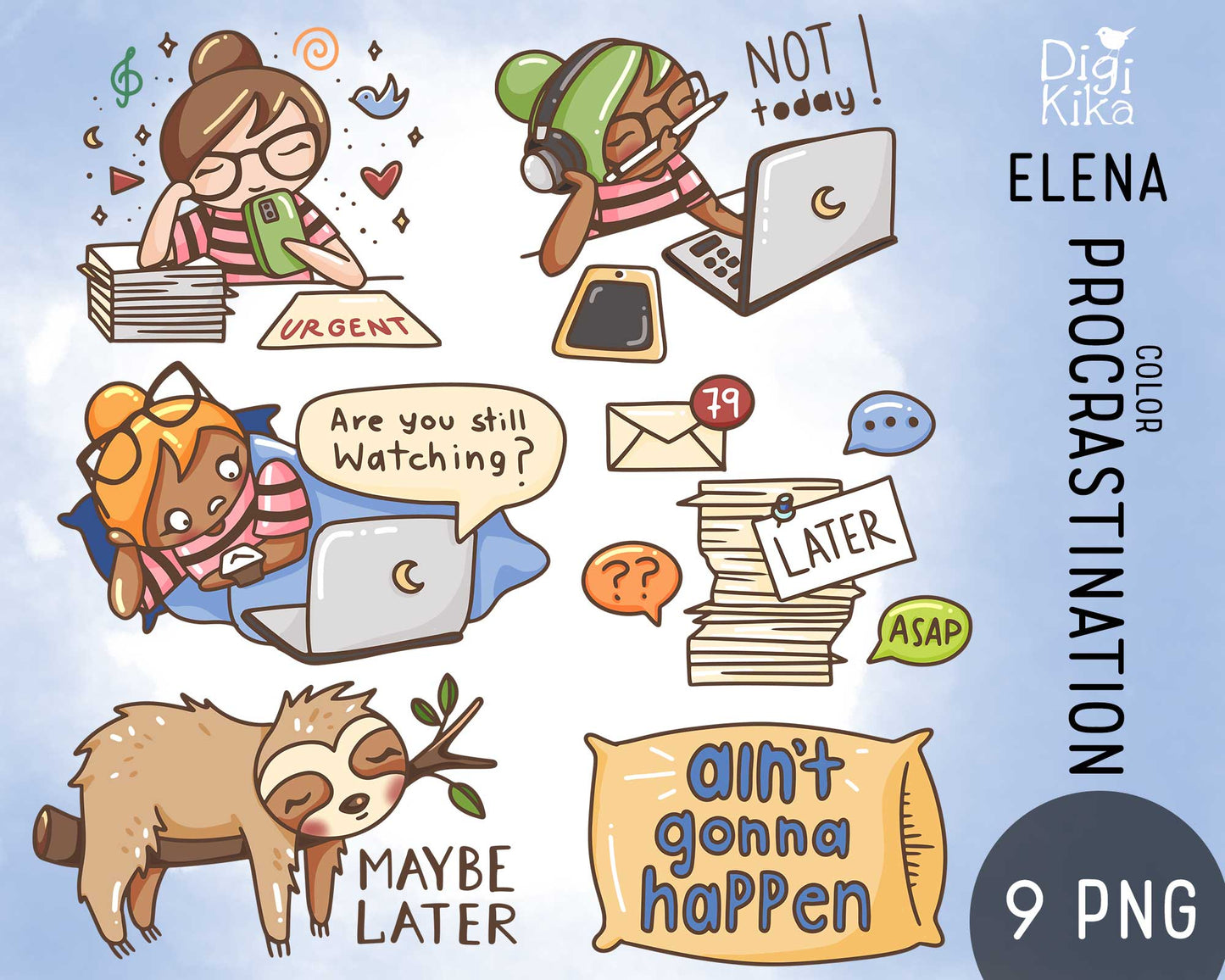 Cartoon illustrations of a planner girl with text about procrastination on a light blue background.