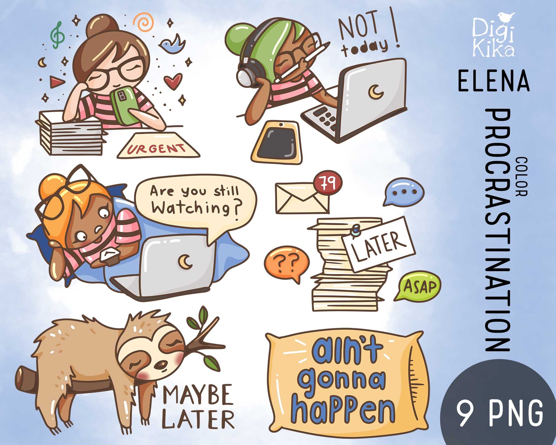 Cartoon illustrations of a planner girl with text about procrastination on a light blue background.