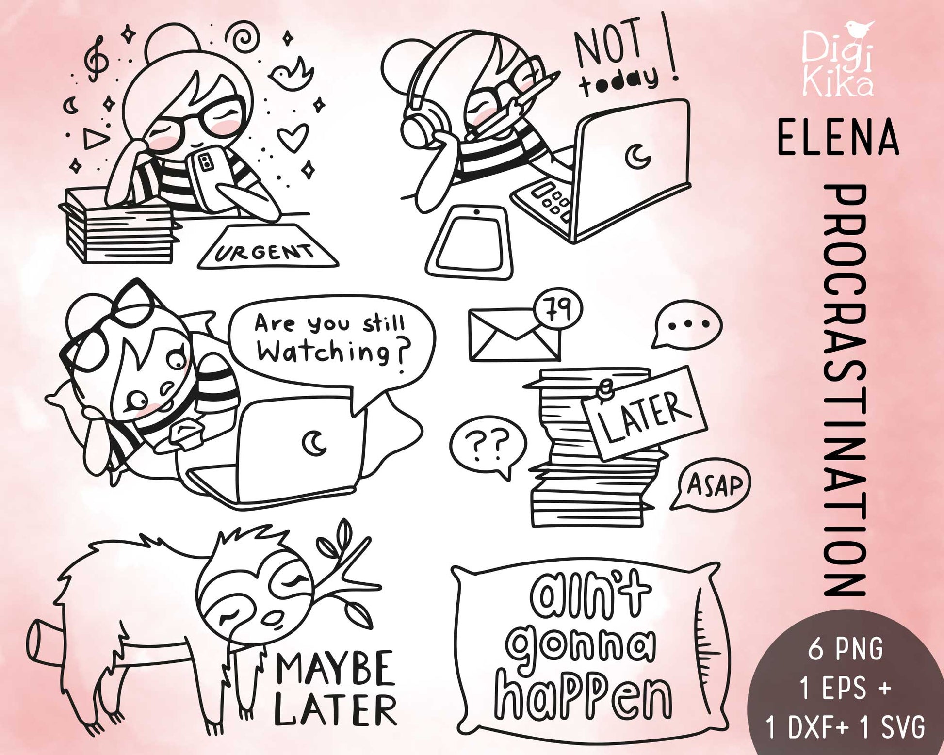 Illustrations of people procrastinating with text bubbles on a pink background, featuring the brand 'Digi Kika'.