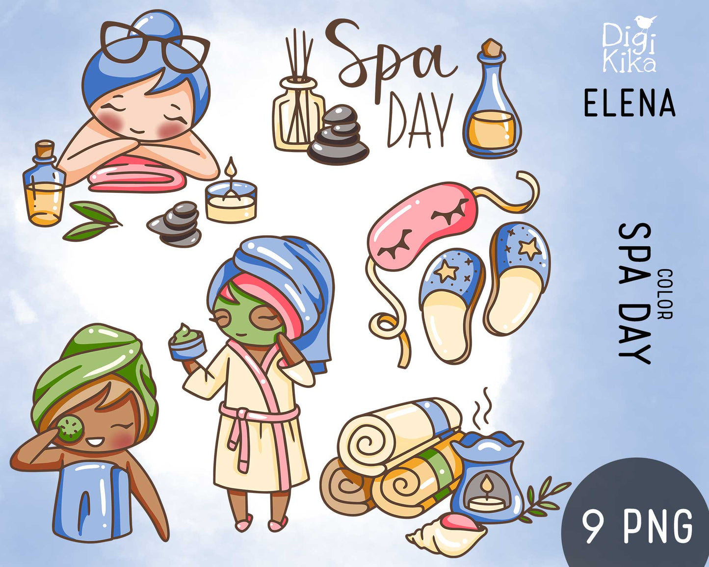 Elena Spa Day Color Clipart | 2 Skin Tones Relaxation Graphics | PNG | Inclusive