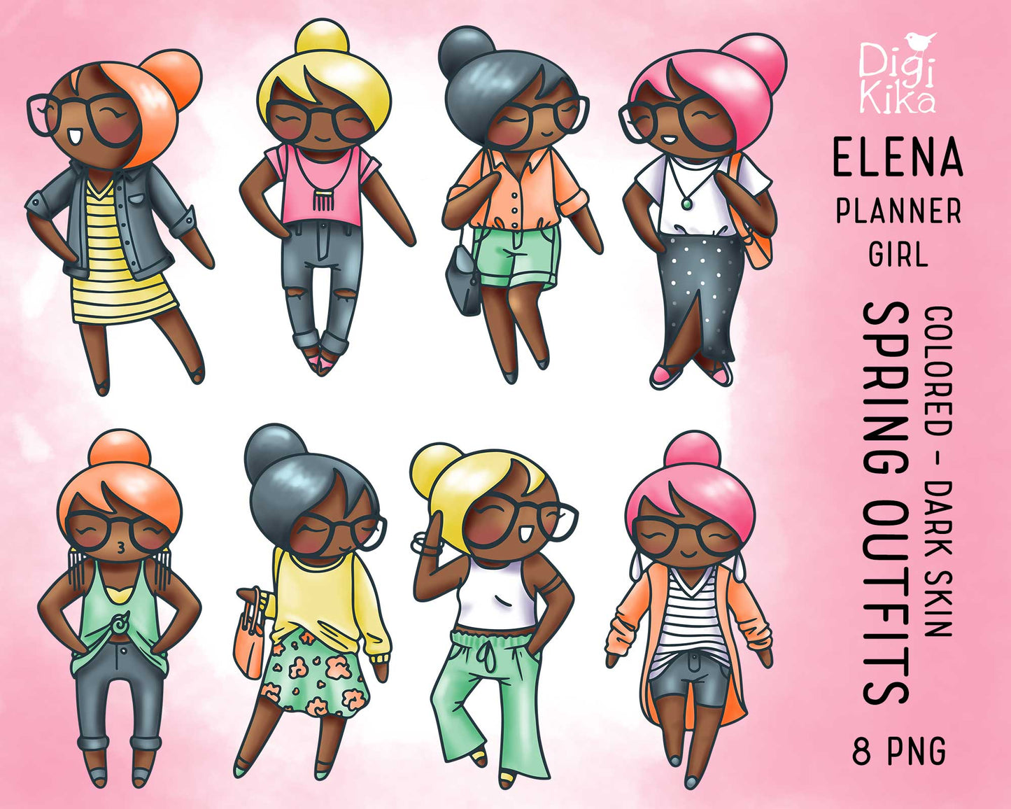 Elena Spring Outfits Dark Skin Clipart | Fashion Color | PNG | Commercial Use | Inclusive