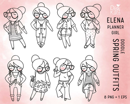Elena Spring Outfits Outline Clipart | Fashion Graphics | EPS SVG DXF PNG | Commercial Use