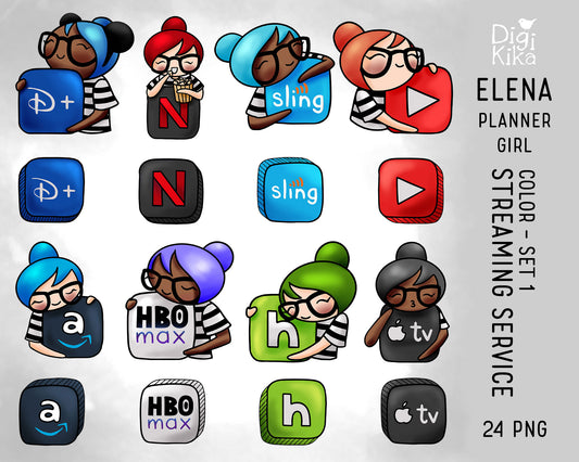 Streaming Services Set 1 – Elena Planner Girl – COLOR Clipart – Netflix, Hulu, Disney+ & More – Instant Download PNG