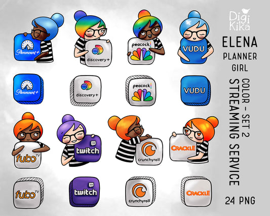 Streaming Services Set 2 – Elena Planner Girl – COLOR Clipart – Twitch, Paramount, Peacock & More – Instant Download PNG