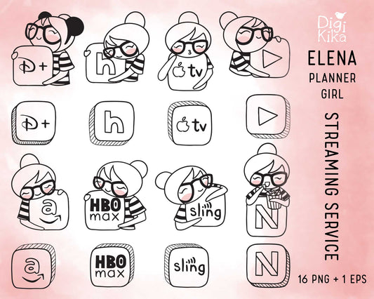 Streaming Services Set 1 – Elena Planner Girl – STAMP Clipart – Netflix, Hulu, Disney+ & More – PNG, SVG, EPS & DXF