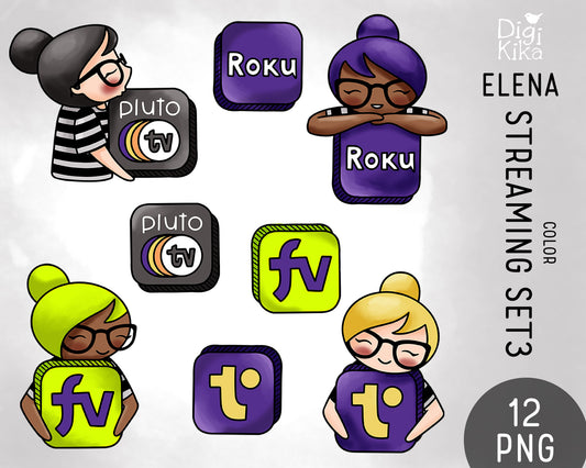 Streaming Services Set 3 – Elena Planner Girl – COLOR Clipart – Pluto, Roku, Tubi & More – Instant Download PNG