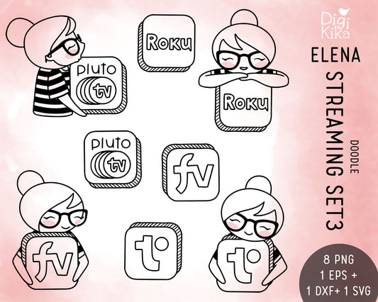 Streaming Services Set 3 – Elena Planner Girl – STAMP Clipart – Pluto, Roku, Tubi & More – PNG, SVG, EPS & DXF